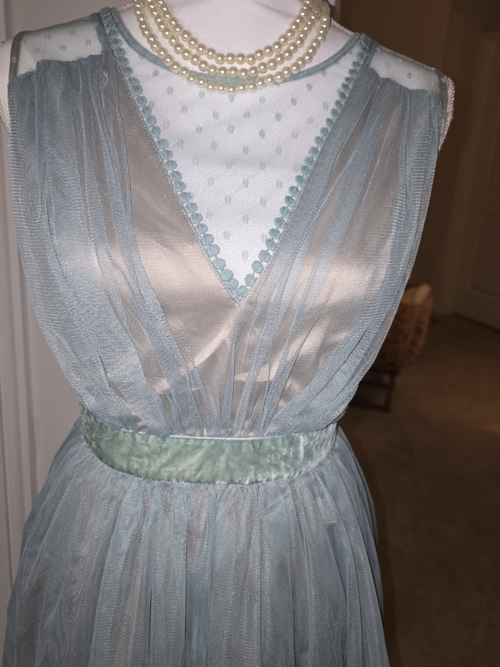 Powder Blue Sheer Tulle Cocktail Dress with Velvet Waistband Tan Underslip Large - Picture 4 of 16